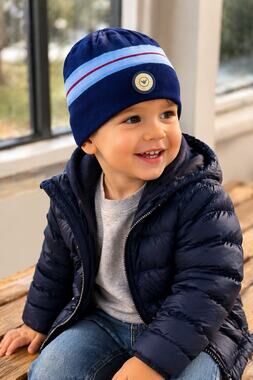 Armani Junior Baby Boys Wool Blend Beanie Hat Blue Italy Medallion Logo